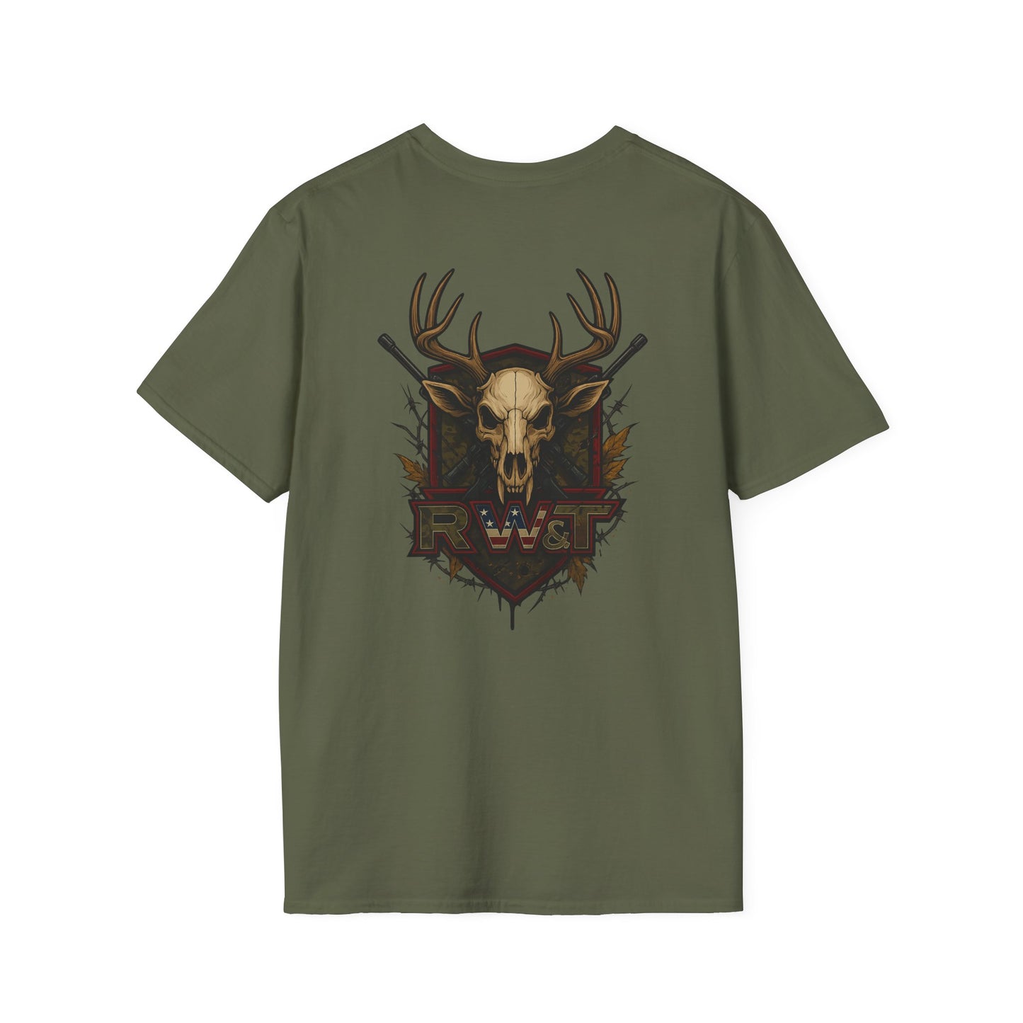🎯 “RW&T Hunting Skull – Antlers & Rifles Edition” | Unisex Softstyle T-Shirt